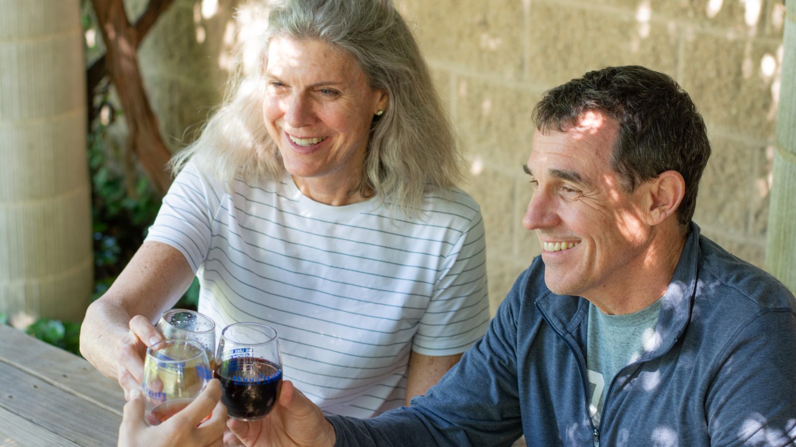 Three guests touch glasses across an outdoor table at Fenn Valley.